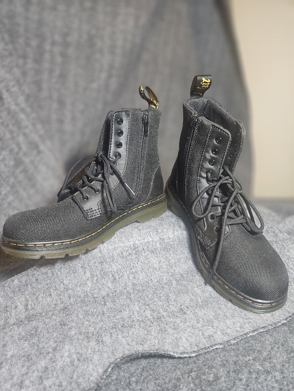 Black Canvas Dr Martin's Combat Boots with Yellow Stitching